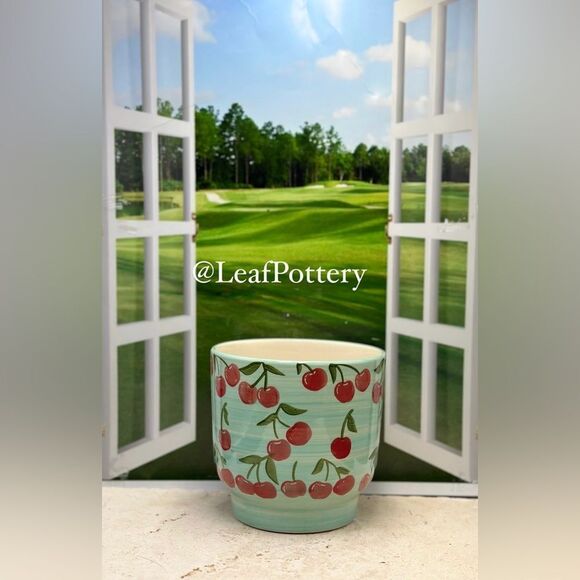 Cherry Patterned Blue/Red Ceramic Planter without drainage hole - Picture 2 of 9